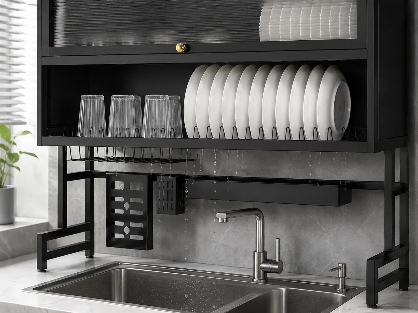 Nivel escurridor de la platera con platos colocados de forma vertical
